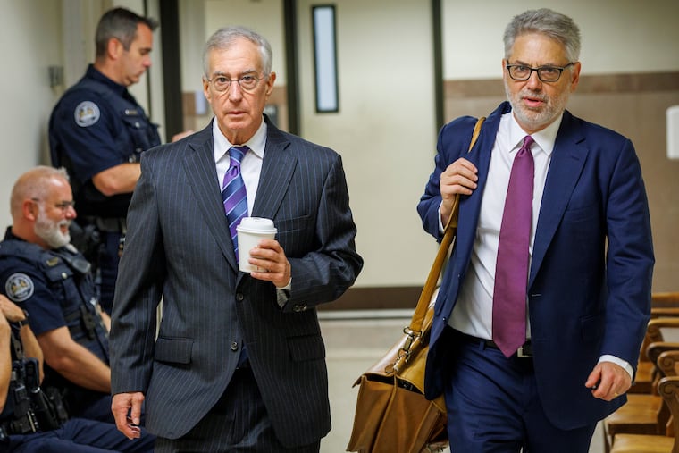 At left is Arthur Dantchik, co-founder of Susquehanna International Group, alongside lead defense attorney Scott Edelman arriving for start of trial in Norristown on Tuesday, July 29, 2025.