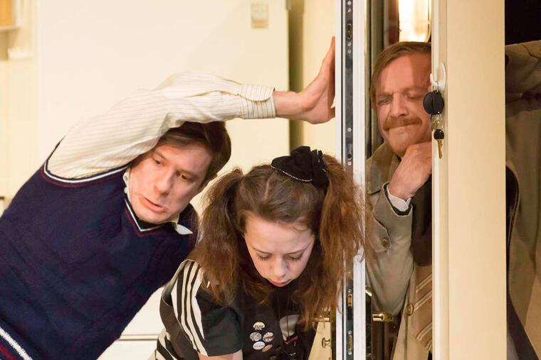 Samuel Taylor (left), Alice Sykes, Matthew Cottle in a film of the National Theatre's "A Small Family Business," screening Sunday at Bryn Mawr Film Institute.