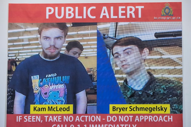 In this July 23, 2019 file photo, security camera images of fugitives Kam McLeod, 19, and Bryer Schmegelsky, 18, are displayed during a news conference in Surrey, British Columbia. Police said Wednesday, Aug. 7, 2019, they believe the two fugitives suspected of killing a North Carolina woman and her Australian boyfriend as well as another man have been found dead in Manitoba.