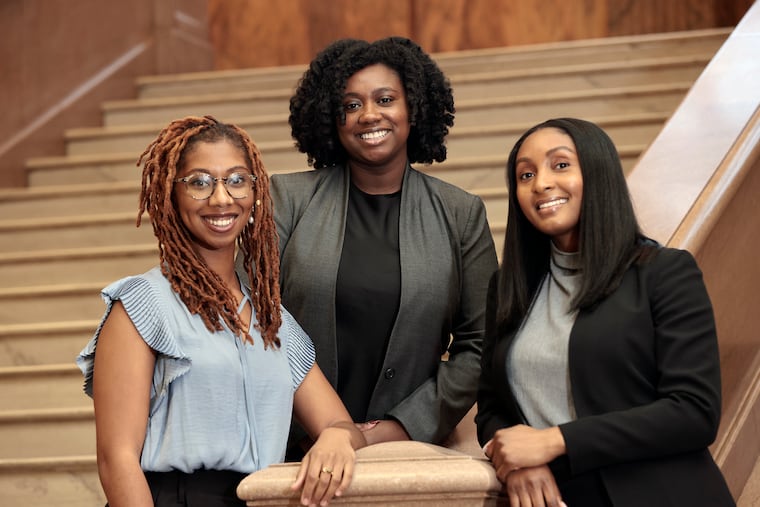 University of Pennsylvania law school students Layla June West (left), Simone Hunter-Hobson (middle) and Chayla Sherrod in the law school at the University of Pennsylvania. For the first time, three African American female students are leading three of the seven prestigious law journals at the University of Pennsylvania, including the oldest one in the United States.
