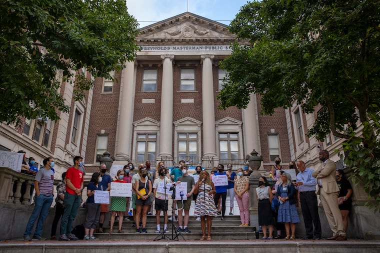 Masterman parents hold a press conference outside the school at 17th and Spring Garden in support of teachers in regards to asbestos and the "district's broken promises" on Monday morning, Aug. 30, 2021.