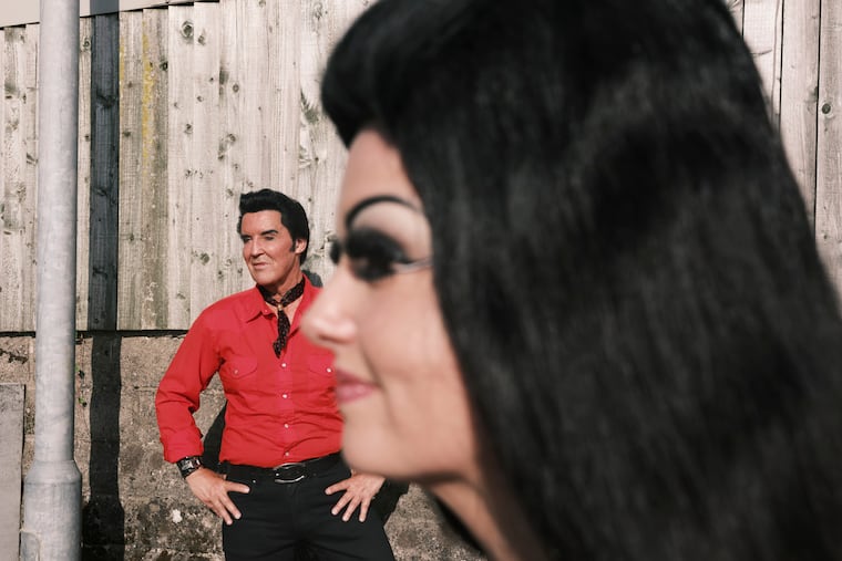Husband and wife Steve Halliday and Cassandra Halliday, who met at an Elvis tribute event in England in 2018, at the Best Festival Elvis competition in Porthcawl, Wales, on Sept. 26, 2026. Each September, tribute acts and fans flock to the seaside town of Porthcawl, Wales, to celebrate Elvis’s life and music, and to party. (Clementine Schneidermann/The New York Times)