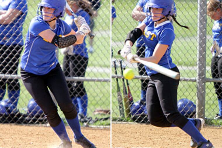 Downingtown East's Kristen Owens slap-bunts during a game against Downingtown West. (Lou Rabito/Staff)
