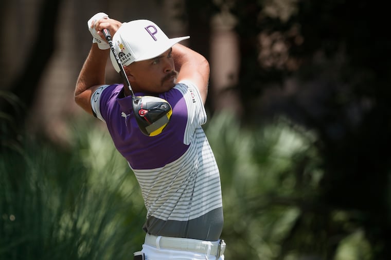 Rickie Fowler hits from the 11th tee, during the second round of the RBC Heritage golf tournament, Friday, June 19, 2020, in Hilton Head Island, S.C. In a television commercial debuting next week, Fowler and other sports stars will tout a CBD product without any mention of what it does. The company behind it is Kadenwood BioSciences. (AP Photo/Gerry Broome)