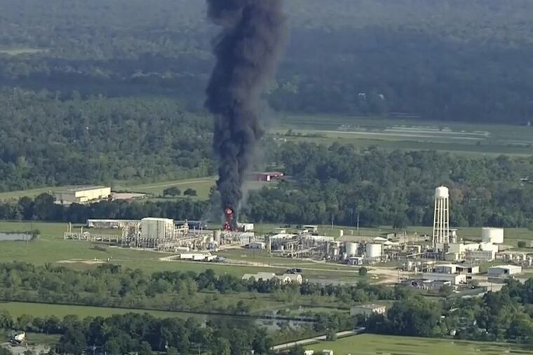Thick black smoke and flames rise from Arkema Americas’ chemical complex in Crosby, Texas.