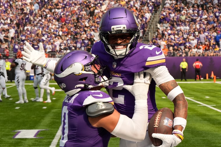 Isaiah Rodgers (2) has been among the NFL's best cornerbacks since signing with the Vikings in the offseason.