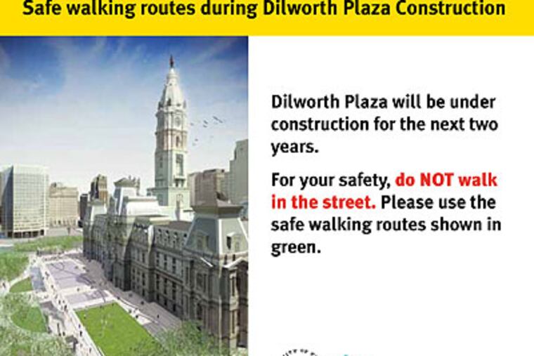 City officials plan to distribute information cards like this one, which includes a map showing preferred pedestrian routes through the construction zone.