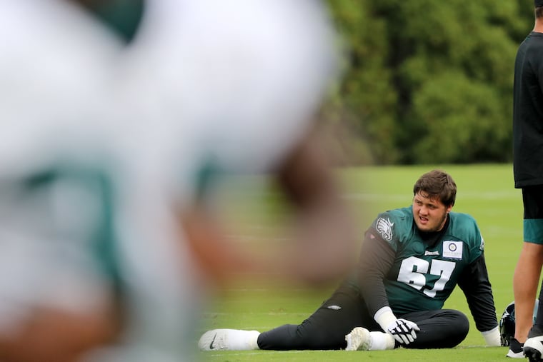 Nate Herbig, stretching before Thursday's practice at NovaCare, had played three NFL snaps before last week.