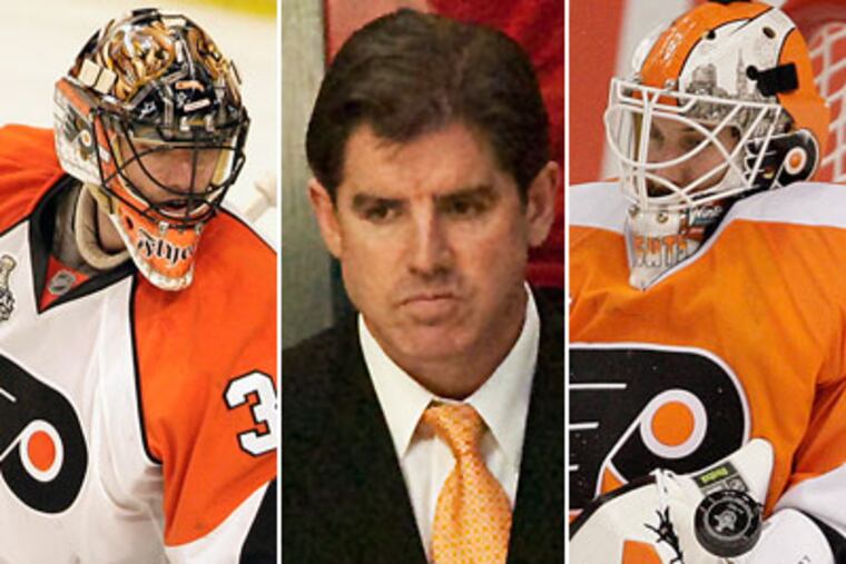 Among Peter Laviolette's decisions to make: who should be the starting goaltender. (David Maialetti, Ed Hille / Staff Photographers)