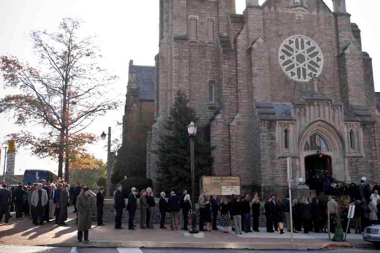 People wishing to pay respects to Fran Crippen line up outside St. Matthew Catholic Church in Conshohocken. "The incredible ability to befriend anybody regardless of age was Fran's greatest asset," his former coach at the University of Virginia said.