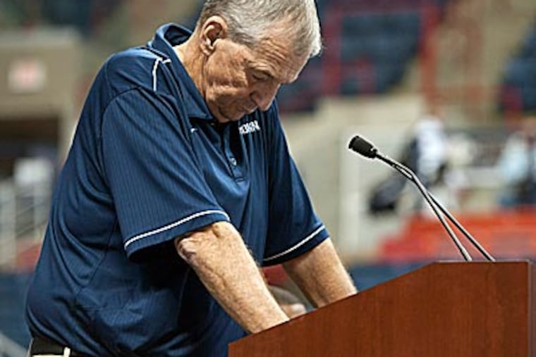 Connecticut head coach Jim Calhoun pauses during a news conference announcing his retirement. (Jessica Hill/AP)