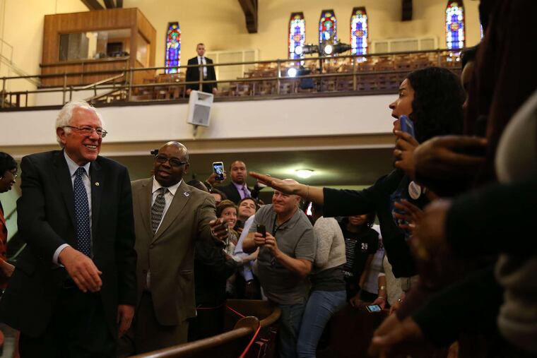 Sen. Bernie Sanders greeting supporters after a visit Wednesday to Tindley Temple United Methodist Church in South Philadelphia.