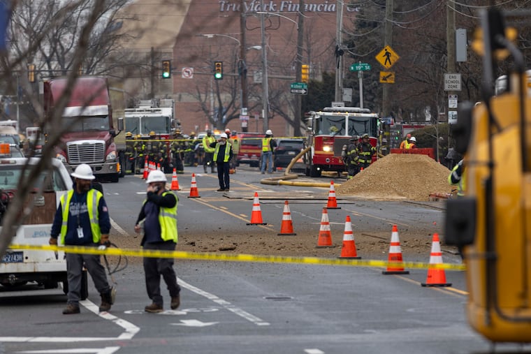 Philadelphia Fire Department and PGW workers are at the scene where a gas leak broke out into a fire along Olney Avenue near Central High School in Philadelphia on Thursday, Feb. 27, 2025.