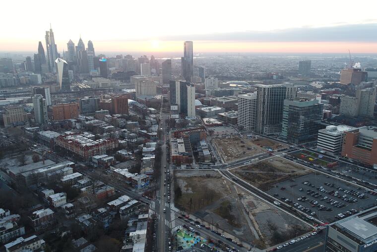 This drone shot shows the 14 acres of cleared land in West Philadelphia where the University Science Center's uCity Square project is rising.
