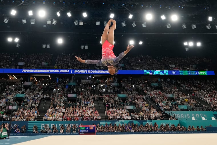 Simone Biles competes during the women's artistic gymnastics individual floor finals at Bercy Arena at the 2024 Summer Olympics on Monday, Aug. 5, 2024, in Paris, France.