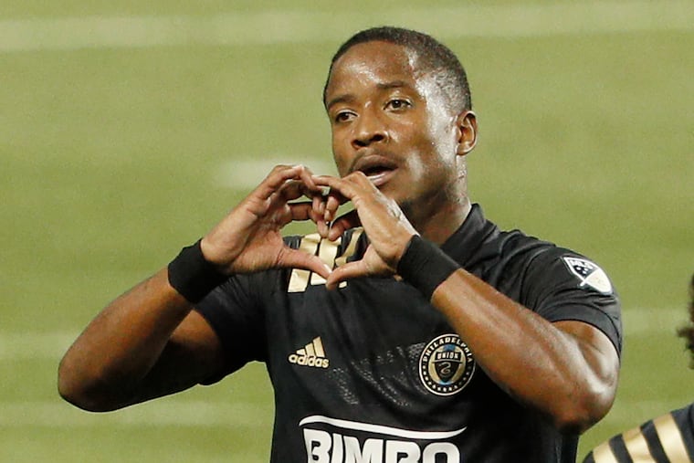 Sergio Santos celebrates after scoring the Union's third goal of the night.