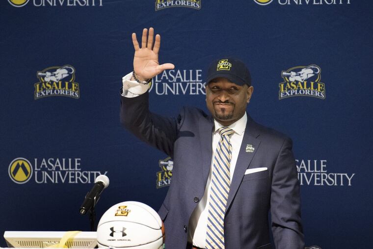Ashley Howard, former Villanova's assistant mens basketball coach and new La Salle UniversityÕs head coach, speaks at the waves during an introduction ceremony at La Salle University in Philadelphia, PA. Monday, March 9, 2018. JOSE F. MORENO / Staff Photographer