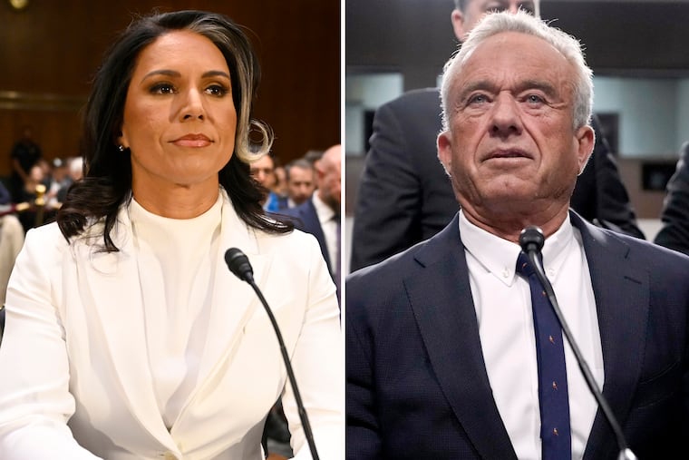 This combination photo shows Tulsi Gabbard, nominee for Director of National Intelligence, left, and Robert F. Kennedy Jr., nominee for Secretary of Health and Human Services, at their confirmation hearings on Capitol Hill in Washington.