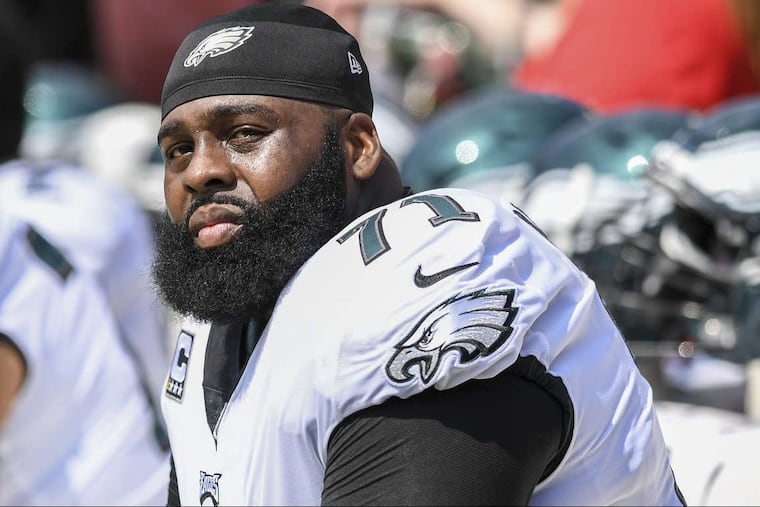 Eagles left tackle Jason Peters on the bench during the game at FedEx Field in Landover, MD September 10, 2017. Eagles won 30-17. CLEM MURRAY / Staff Photographer