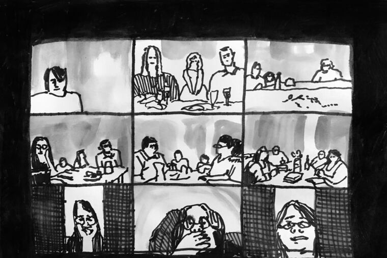 An artistic rendering of the Zoom Seder that Leah Zebovitz of Elkins Park attended. The rendering is by her cousin, Mars Pell. First row: Mars Pell; Kelly, Miles, and Dylan Pell; Marty and Tallulah Pell and Steve Gillies; Second Row: Christine, Apollo, Aria, and Leaf Tyler Pell; Saul, Gavi, Ezra, and Becca Zebovitz; Grace Picard, Steve, Tammy, and Leah Zebovitz; Third row: Sara Zebovitz; Jeanne Martin; Rachel Bernhardt.