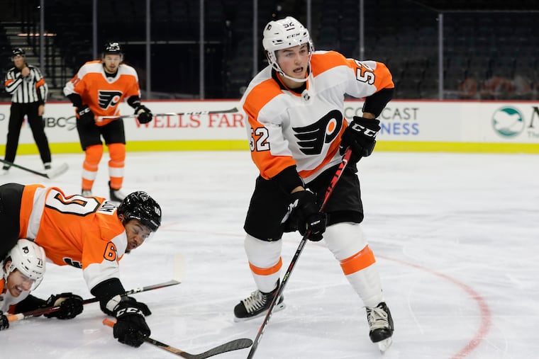 Flyers right winger Tyson Foerster. shown here in an intrasquad game in January, was injured Wednesday in the Phantoms' win.
