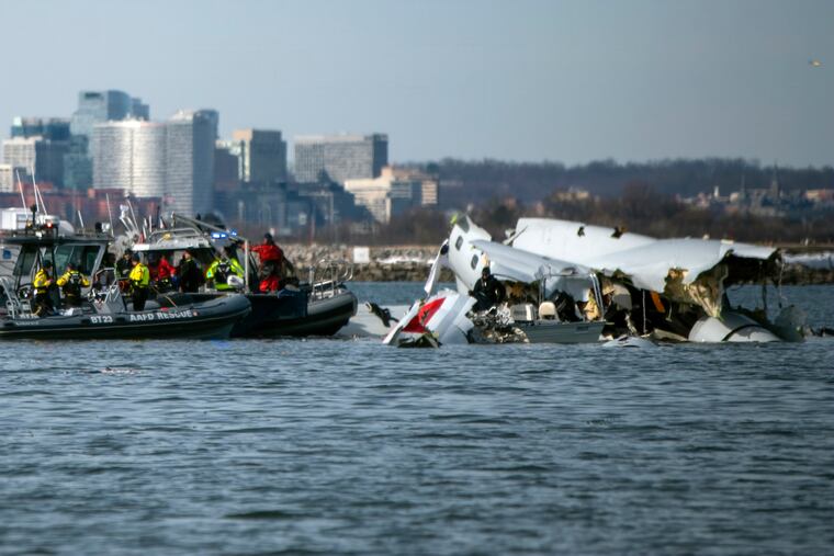 Wreckage is seen in the Potomac River near Ronald Reagan National Airport in Washington, D.C., on Thursday, Jan. 30, 2025.