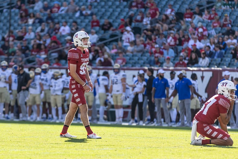 Temple kicker Maddux Trujillo, seen here in action from earlier this season, was the hero in overtime, hitting a 39-yard field goal to lift the Owls past Florida Atlantic on Saturday.