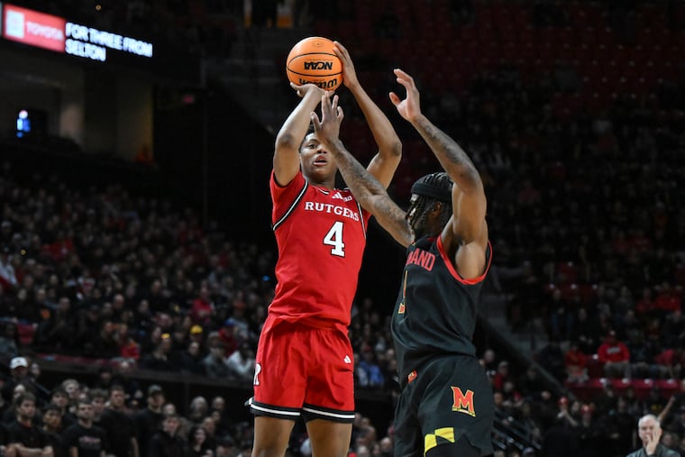 Rutgers guard Ace Bailey shoots over Maryland guard Selton Miguel during a Feb. 9 game in College Park, Md.