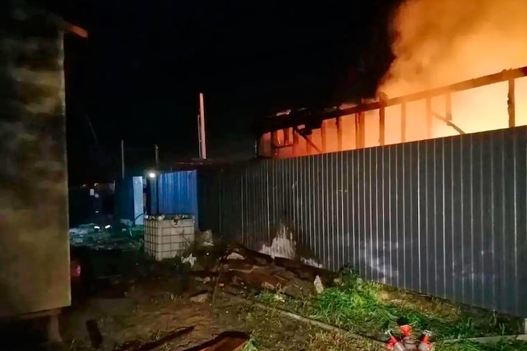 In this photo provided by Moscow Region Governor Andrei Vorobyov's official telegram channel, flame and smoke rise from a construction site after a Ukrainian drone attack in an undisclosed area in the Moscow region, Russia, Tuesday, Aug. 18, 2026.