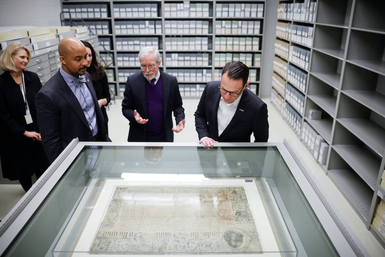 Gov. Josh Shapiro with Pennsylvania Historical & Museum Commission officials at the State Archives building in 2023.