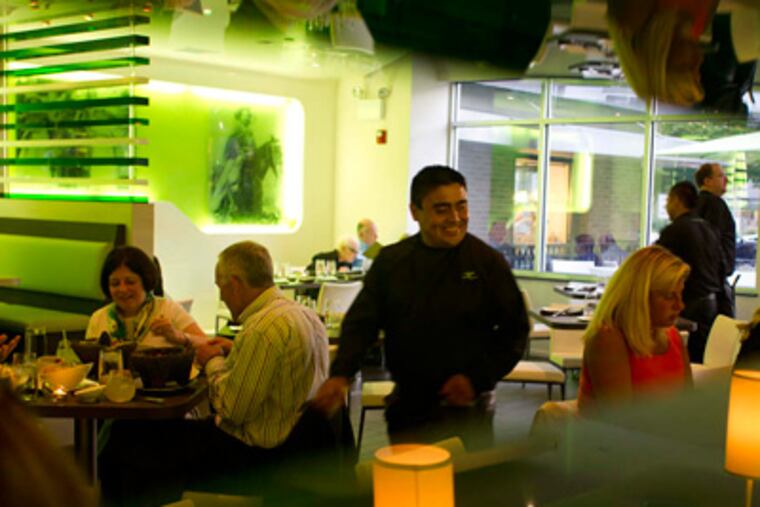 Bathed in green, the dining room of Xilantro in Wayne. (David M Warren / Staff Photographer)