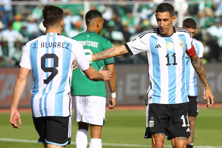 Striker Julián Álvarez (left) of England's Manchester City and playmaker Ángel Di María (right) of Portugal's Benfica are on Argentina's squad for Friday's game vs. El Salvador at Lincoln Financial Field.