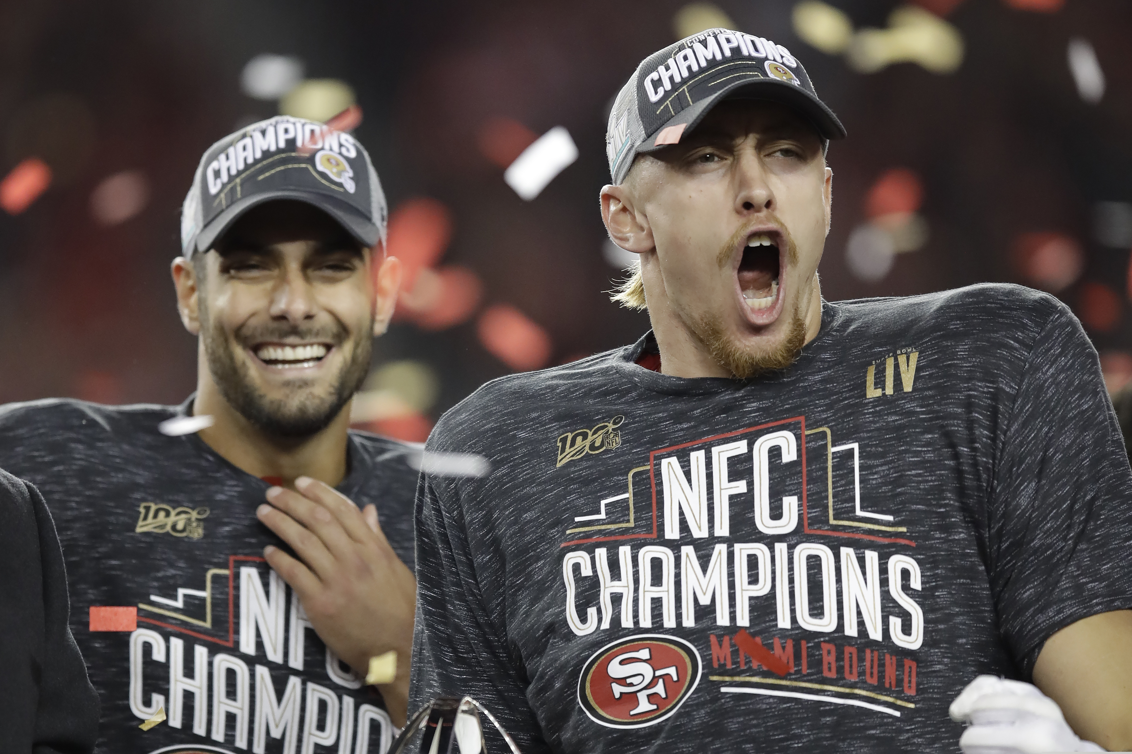 San Francisco 49ers quarterback Jimmy Garoppolo (left) and tight end George Kittle celebrating after the Niners' NFC Championship game win over Green Bay. Kittle is the most complete tight end in the league.