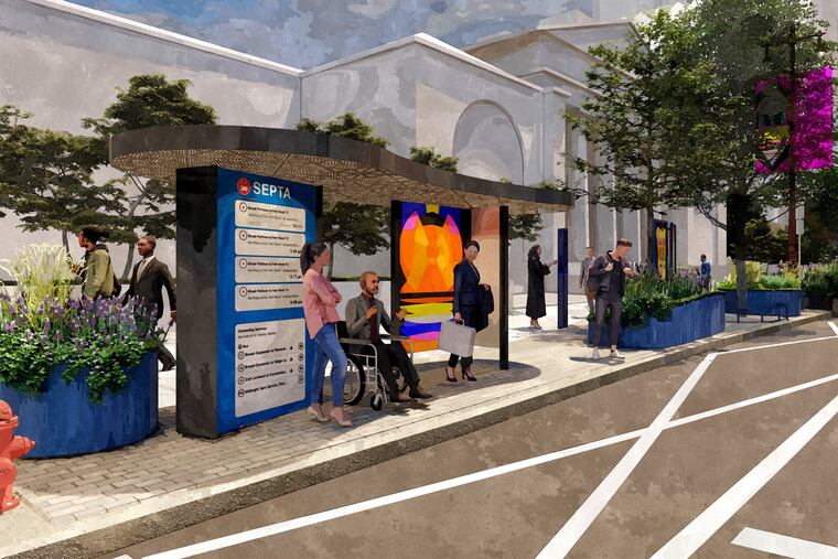 A rendering of the streetscape plans in front of Dorrance Hamilton Hall at the former University of the Arts, on Broad Street near Pine.