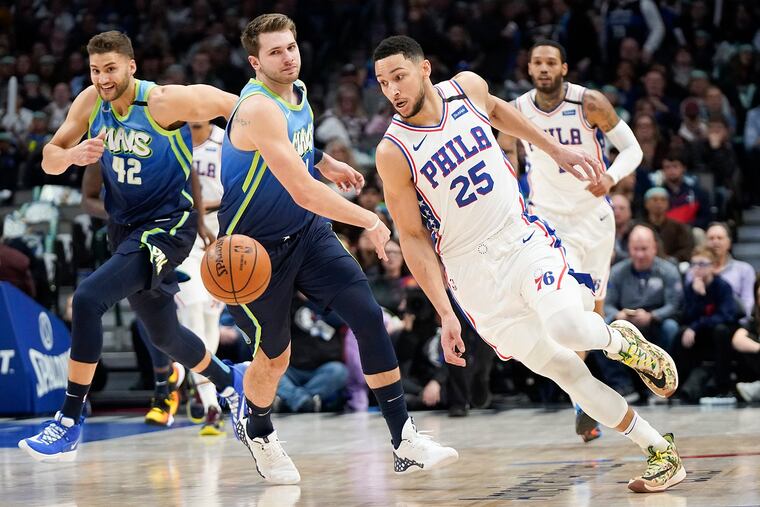 Ben Simmons (25) failed to score a point in the second half of Saturday's game against the Dallas Mavericks at American Airlines Center.