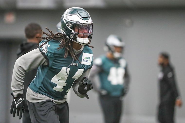 Recently signed Eagles’ safety Anthony Harris (41) runs drills during practice at the NovaCare Complex in Philadelphia on Thursday, Dec. 15, 2022.
