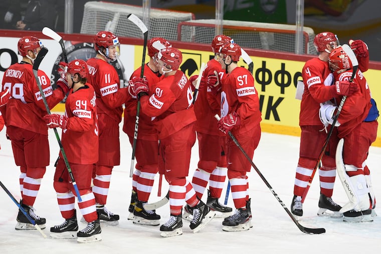 Russian players celebrate during an Ice Hockey World Championship game against the Czech Republic in 2021.