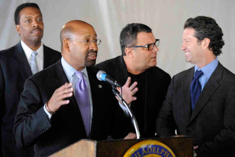 Mayor Nutter at the groundbreaking for 600 N. Broad Street, a project with restaurateur Stephen Starr (center) and developer Eric Blumenfeld (right).