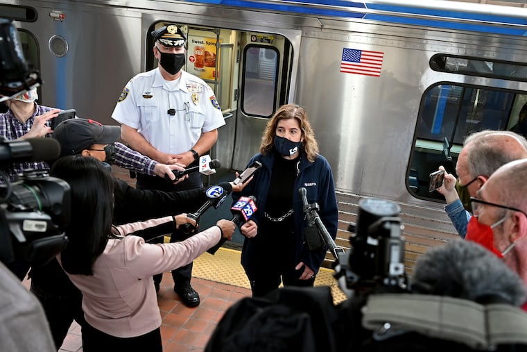 SEPTA Transit Police Chief Thomas Nestel III (left) and SEPTA General Manager Leslie Richards (right) address reporters at the 69th Street Transportation Center.