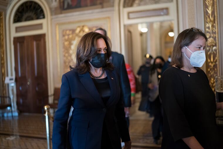 Vice President Kamala Harris arrives on Thursday to break the tie on a procedural vote as the Senate works on the Democrats' coronavirus relief package.