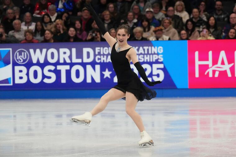 South Jersey figure skater Isabeau Levito performs during the women's short program at the figure skating world championships on Wednesday.