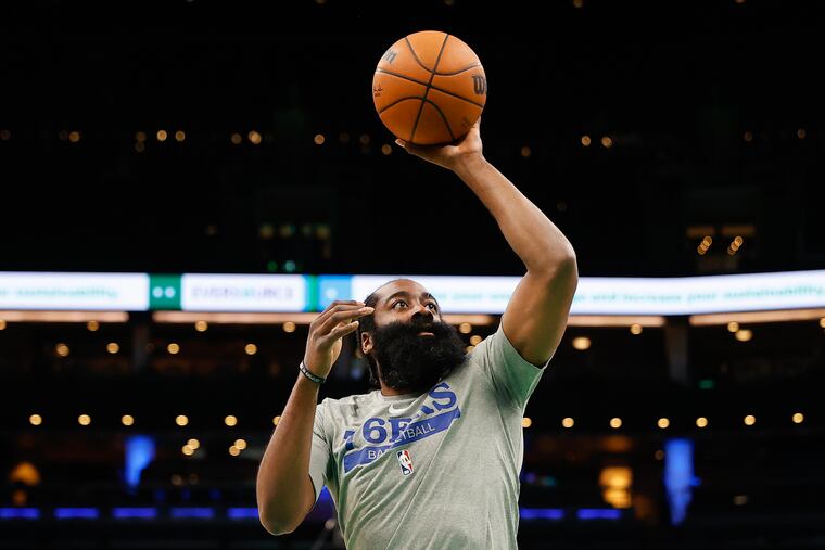 James Harden warming up before the Sixers played the Boston Celtics in Game 5 of the Eastern Conference semifinals.
