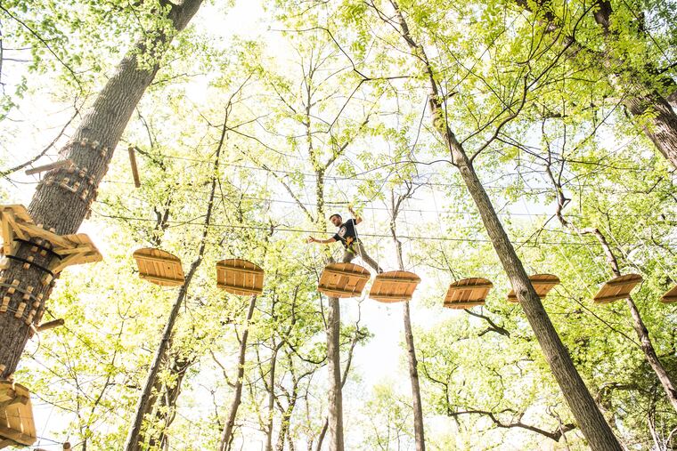 Treetop Quest, a sky-high obstacle course, invites you to swing, jump, soar, and zipline across nearly four acres of West Fairmount Park.