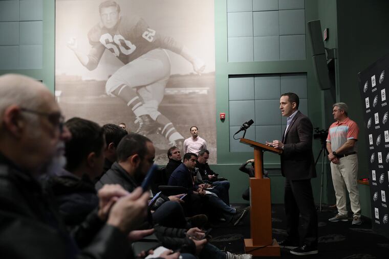 Eagles general manager Howie Roseman seapking at a news conference at the NovaCare Complex on Wednesday.