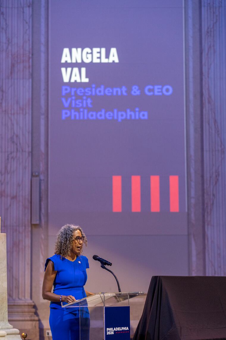 Angela Val, President and CEO of Visit Philadelphia, Speaks to guests and press about the announcement of TED Talks focus on democracy leading up to 2026 in Philadelphia, Pa., on Tuesday, May, 21, 2024.
