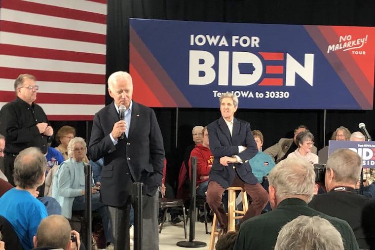 Former Vice President Joe Biden campaigns in Elkader, Iowa alongside former Secretary of State John Kerry on Dec. 6, 2019. The event was part of Biden’s “No Malarkey†bus tour.