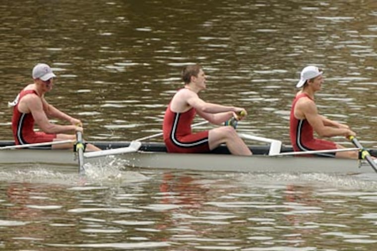 The St. Joseph Prep Boys senior eight finishes their heat during the Stotesbury Cup Regatta. (Tom Gralish/Staff Photographer)