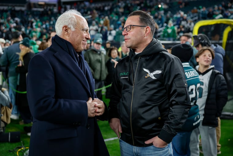 Eagles owner Jeffrey Lurie with Pennsylvania governor Josh Shapiro before the Lions game on Nov. 16.