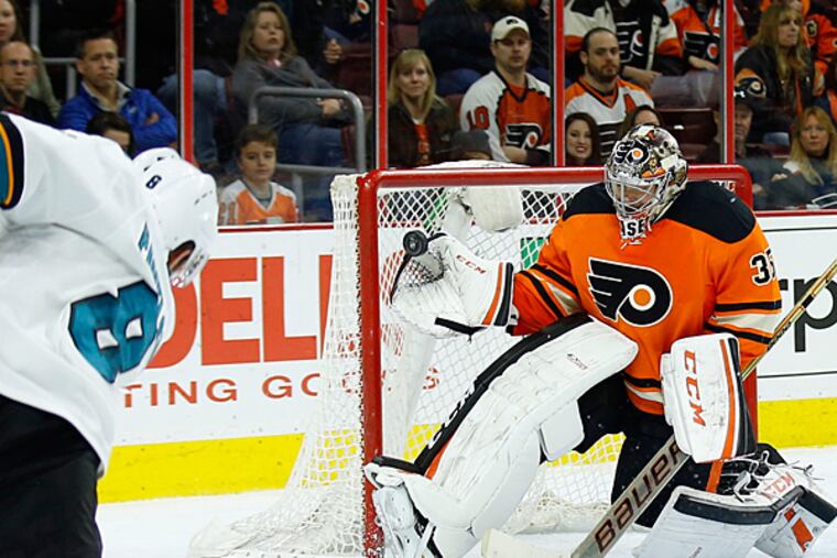 Flyers' goalie Steve Mason stops Sharks' Joe Pavelski's overtime shot. (Yong Kim/Staff Photographer)