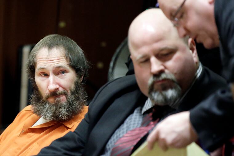 Johnny Bobbitt (left) looks on as his attorney John Keesler and Assistant Prosecutor Andrew McDonnell (right) talk while appearing before Superior Court Judge Christopher Garrenger at the Burlington County Courthouse in Mount Holly.